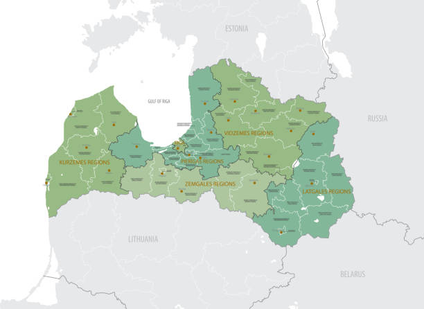 istock Detailed map of Latvia, with administrative divisions into Statistical regions and  State cities and municipalities as of 2021, major cities of the country, vector illustration on white background 1477515934