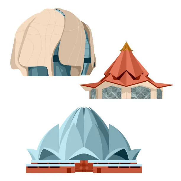 Vector illustration of Bahai temples of the world. Bahai House of Worship in Santiago, Chile; in Agua Azul, Colombia; in New Delhi, India
