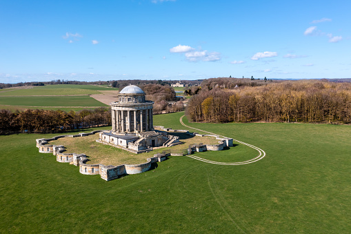 Castle Howard, York, UK - March 27, 2023.  An aerial view of the Howard Family private Mausoleum on the North Yorkshire stately home of Castle Howard estate in the Howardian Hills near York