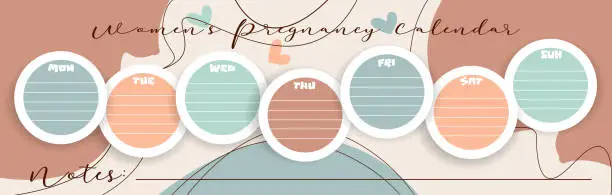 Vector illustration of Weekly to-do list for pregnant women in flat style. To-do list on colorful abstract background with big bellies of young women in late pregnancy in profile.