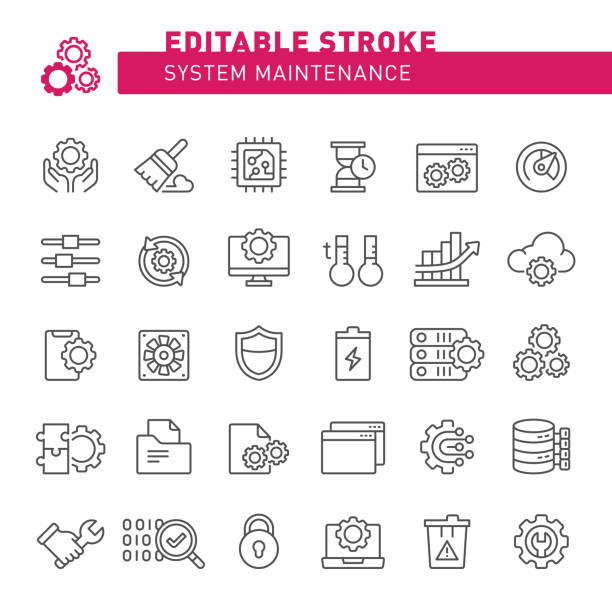 System Maintenance Icons Computer icons, CPU, maintenance, editable stroke, outline, icon, icon set, OS, PC, computer, smart phone, technology, hardware, software, tools laptop in a trash bin stock illustrations
