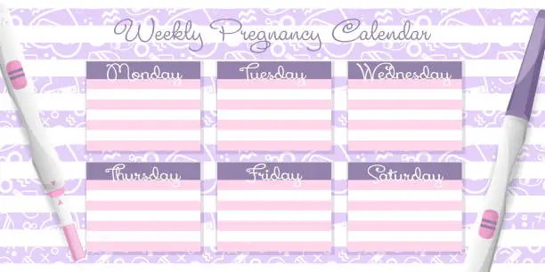 Vector illustration of Weekly, to-do list for pregnant women in flat style.Seamless creative colored background with positive pregnancy test in hearts on abstract colored striped background.