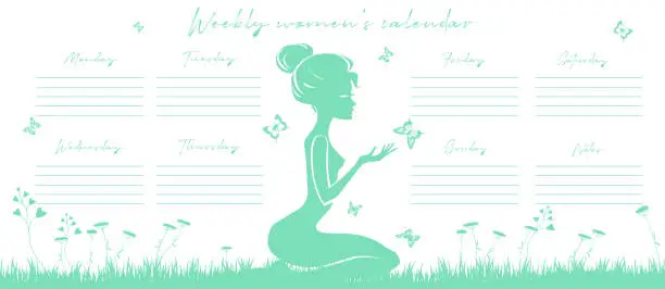 Vector illustration of Weekly to-do list for women in flat style. Profile silhouette of a beautiful young girl with butterflies in a meadow with butterflies.