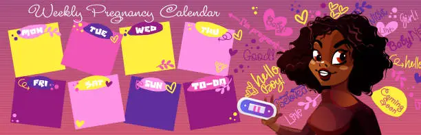 Vector illustration of Weekly pregnancy calendar in cartoon style. To-do list with a young African American woman with a positive pregnancy test on a colorful abstract background with sticky notes.