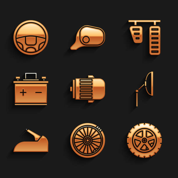 ilustraciones, imágenes clip art, dibujos animados e iconos de stock de ajuste motor eléctrico, rueda de coche, limpiaparabrisas, freno de mano, batería, pedales del acelerador e icono de dirección. vector - tire car brake rain