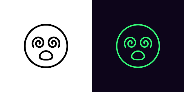 Outline hypnotized emoji icon, with editable stroke. Dizzy emoticon with spiral eyes and open mouth, confused zombie face pictogram. Madness emoji, raving emoticon, psychedelic face. Vector icon
