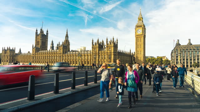 Time lapse of Crowded people Tourism walking and sightseeing in Big Ben with House of Parliament and Westminster Bridge of London United Kingdom