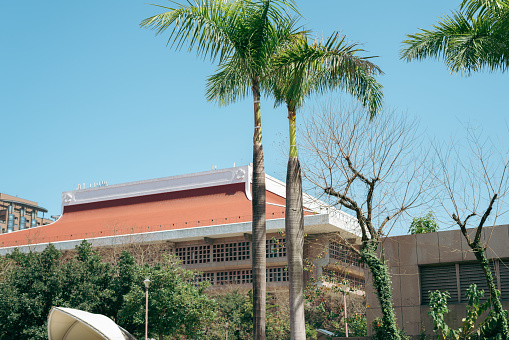 Taipei Main Station building and palm tree in Taipei, Taiwan