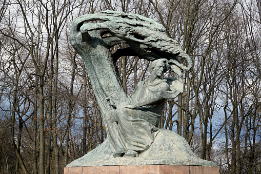 Warsaw, Poland - 26th March 2023 - The Fryderyk Chopin Monument in Lazienki Krolewskie - Royal Baths Park sculpted by Waclaw Szymanowski and Oskar Sosnowski in 1926