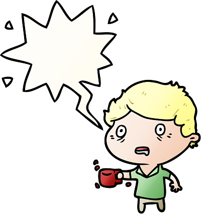 cartoon man jittery from drinking too much coffee with speech bubble in smooth gradient style