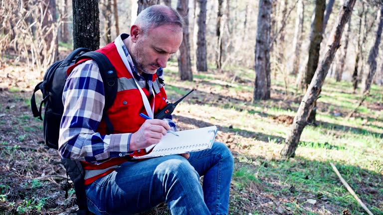 Forester studying environmental, Forest ranger on a walk