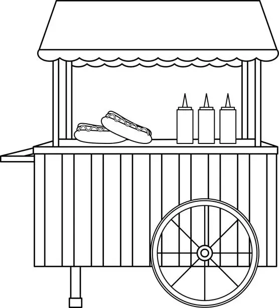 Vector illustration of bright vector illustration of a cart with hot dogs, fast food, street food, doodle and sketch, coloring book