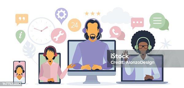 istock Hotline Operators Help Clients to Solve Problems. Customer service. Call center. Hotline operators with headphones on laptop screen. 1477523882