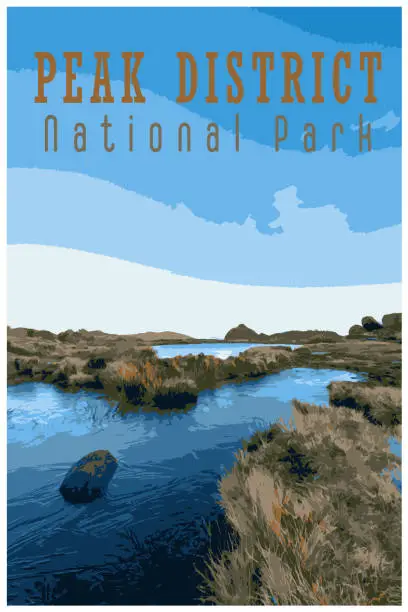 Vector illustration of WPA inspired retro travel poster of the Peak District National Park, UK.