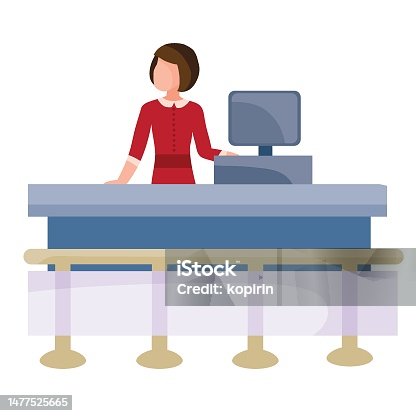 istock a woman stands behind a cash register in a store and sells, flat, isolated object on a white background, vector illustration, 1477525665