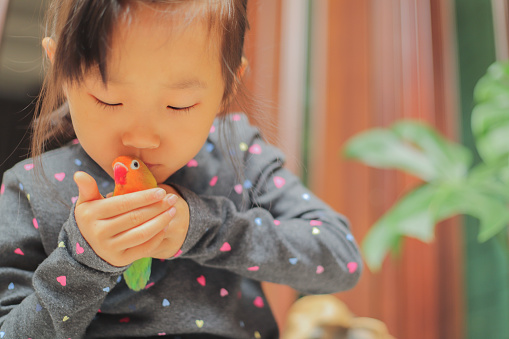 an Asian girl is playing with a little bird in a garden.
