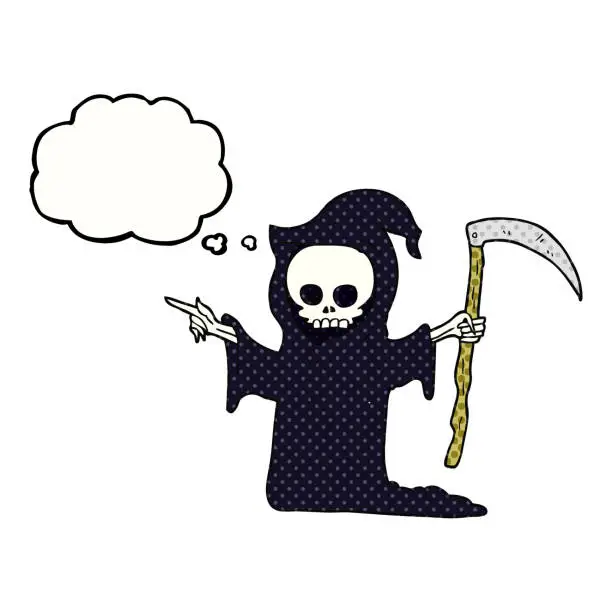 Vector illustration of freehand drawn thought bubble cartoon death with scythe