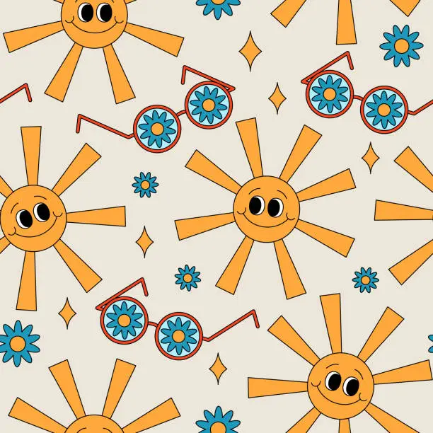 Vector illustration of Seamless pattern with with smiling sun, sunglasses and flowers. Spring, summer concept. Retro style cartoon vector illustration