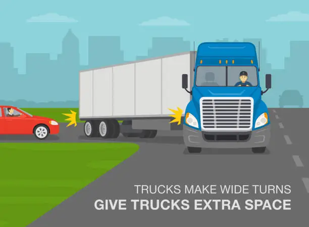 Vector illustration of Safety driving and traffic regulation rules. Blue semi-truck turning right on a city road. Trucks make wide turns, give extra space warning design.