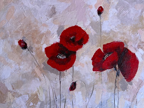 Red poppy flowers. Acrylic painting on canvas.