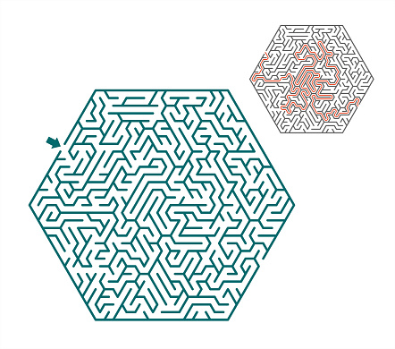 Hard hexagonal vector labyrinth.  Education puzzle with search of solution.  A game for logic