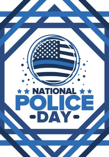 Vector illustration of National Police Week in May. Celebrated annual in United States. In honor of the police hero. Police badge and patriotic elements. Officers Memorial Day. Poster, card, banner. Vector illustration