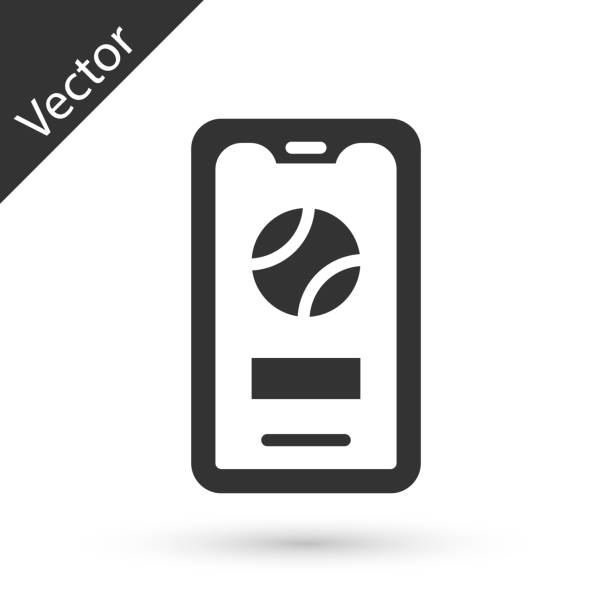 Grey Smartphone with baseball ball on the screen icon isolated on white background. Online baseball game for mobile phone. Vector Grey Smartphone with baseball ball on the screen icon isolated on white background. Online baseball game for mobile phone. Vector. baseball-scorecard stock illustrations