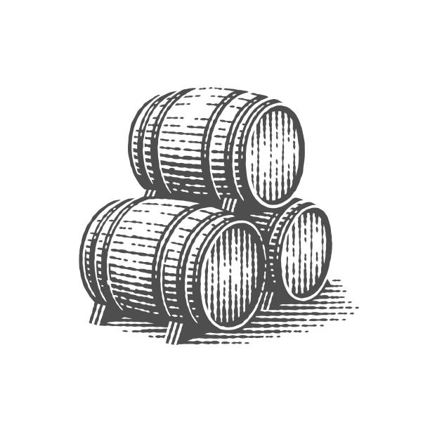 Wood barrels. Wood barrels. Hand drawn engraving style illustrations. barrel stock illustrations