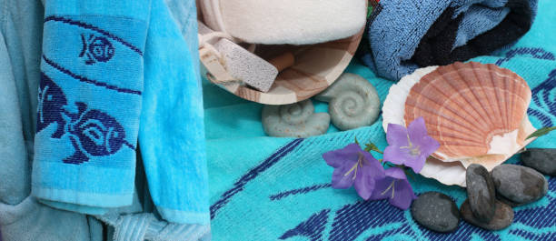 istock Bathroom accessories  Bath towel and bathrobe sponge pumice stone soap exfoliating 1477533782