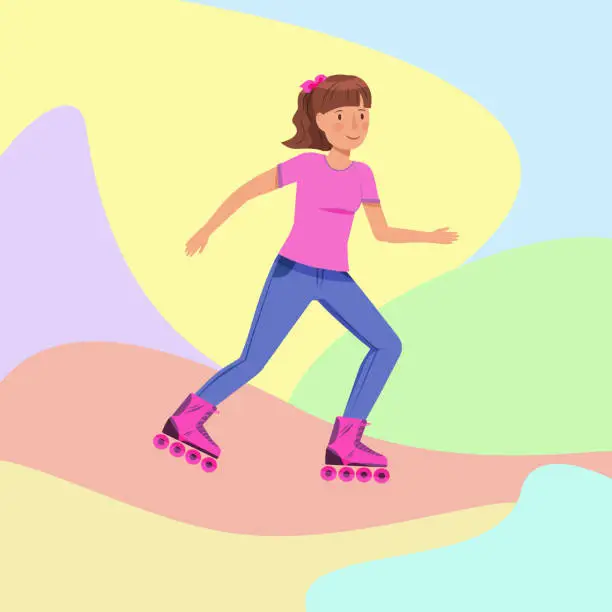 Vector illustration of Joyful girl roller blading on skates.