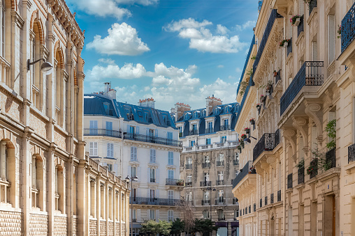 Paris, beautiful buildings in a luxury neighborhood in the 17e arrondissement, typical Haussmann facades