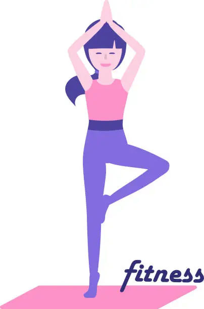 Vector illustration of Young girl balances on one leg with her hands clasped above her head.