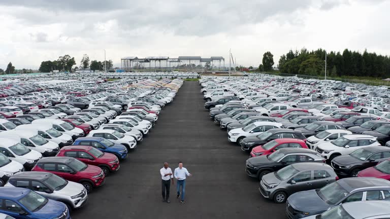 Salesman and black male customer walking at the parking lot while looking at different car brands