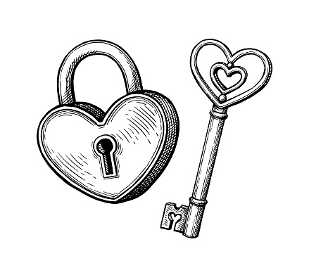 Heart shaped padlock and key. Hand drawn ink sketch. Vintage style.