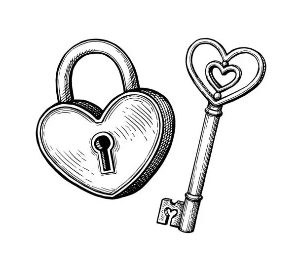 Vector illustration of Heart shaped padlock and key.