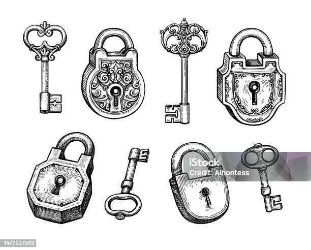 Vintage Lock And Key Collection Hand Draw Engraving Style Black And White  Clipart Isolated On White Background Stock Illustration - Download Image  Now - iStock