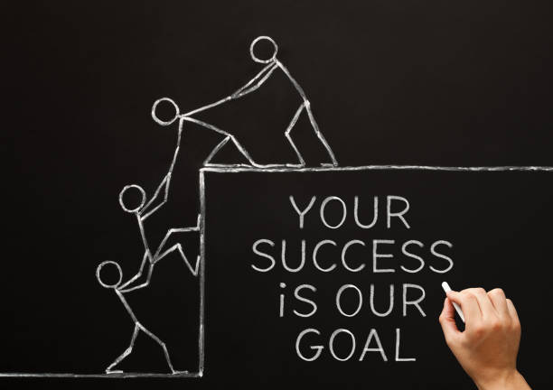 Your Success Is Our Goal Motivational Teamwork Quote Hand writing motivational quote Your Success Is Our Goal with chalk on blackboard. Concept about teamwork, leadership, helping others, or support. coach stock pictures, royalty-free photos & images