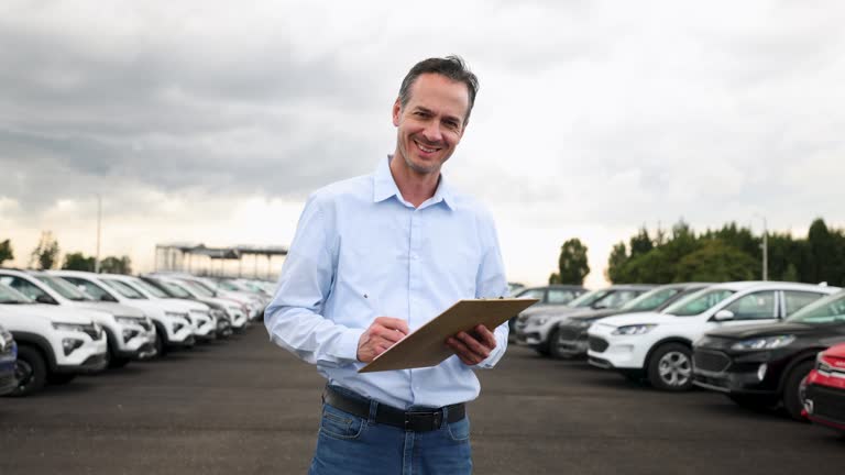 Video portrait of a Latin American salesman  at an outdoor car dealership holding a clipboard while facing camera smiling