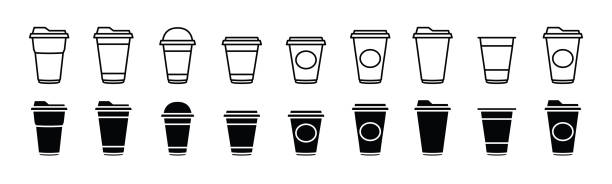 Drinks icon vector Coffee cup icons vector set in line and flat style. Disposable coffee cup. Coffee paper cup, plastic container for hot and cold drink, juice, tea, cocoa and other. Vector illustration disposable cup stock illustrations