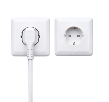 white socket with power plug and power cable free on white background