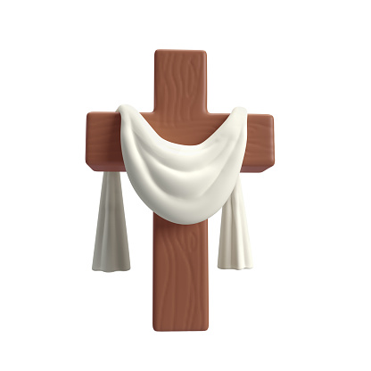 3d icon Wooden Cross with white cloth textile, symbol of the resurrection of Jesus Christ. He is risen. Easter resurrection illustration. Scripture. isolated on white background with clipping path.