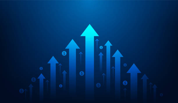 ilustrações de stock, clip art, desenhos animados e ícones de arrow growth profit investments technology on dark blue background. speed arrow up to success. stock market graph trading. vector illustration fantastic technology. - stock market graph chart arrow sign