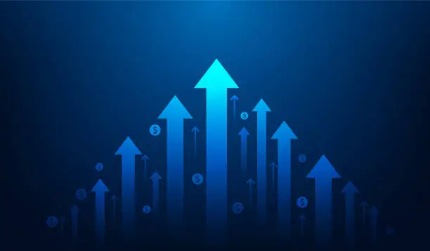 Vector illustration of arrow growth profit investments technology on dark blue background. speed arrow up to success. stock market graph trading. vector illustration fantastic technology.