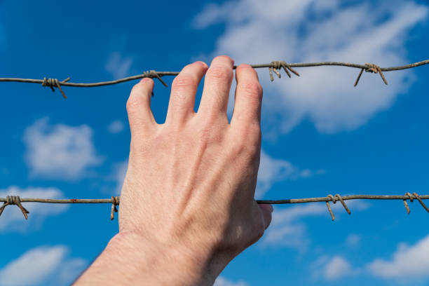 A hand holds a barbed wire against the sky. Refugee. Freedom concept.