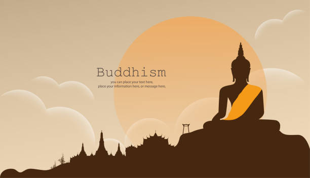 Silhouette of a meditating Buddha behind a cloud and copy space vector background - Magha puja day, Vesak day banner, important buddhism days Thailand culture Religion Buddhism,  Thai pattern, Magha puja day, Vesak day, Thai Culture, Buddha, Holiday, Vector Illustration Background religious occupation stock illustrations