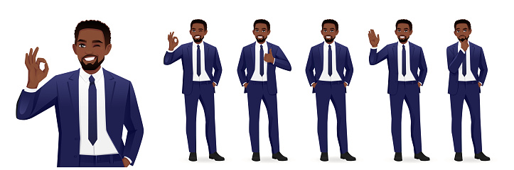 Asian business man in black suit different poses set. Various gestures - greeting, showing ok sign, thumbs up isolated vector illustration