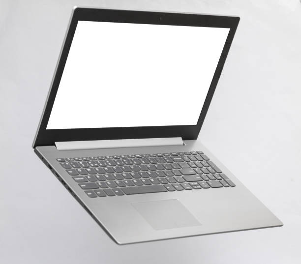 istock Laptop mockup with white screen levitating on gray background 1477543465