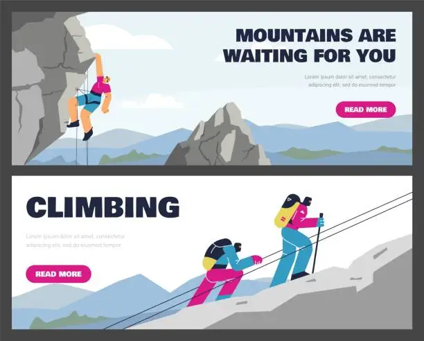 Vector illustration of Set of website banner templates about climbing and mountaineering flat style