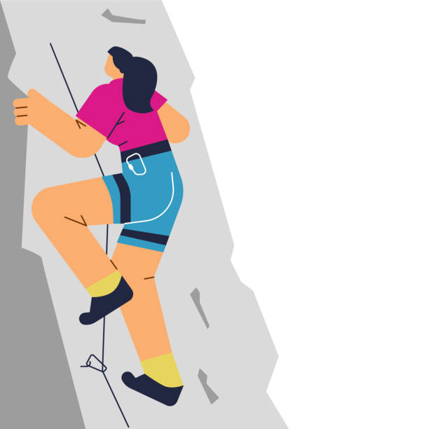 女性は山の平らなベクター画像で登山に従事している。 - climbing mountain climbing rock climbing women点のイラスト素材／クリップアート素材／マンガ素材／アイコン素材