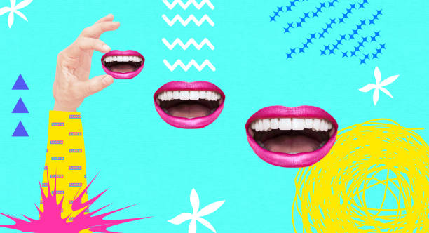 istock Contemporary digital collage art. Modern absurd trippy design. Hand holding funny lips. Emotions concept 1477545095